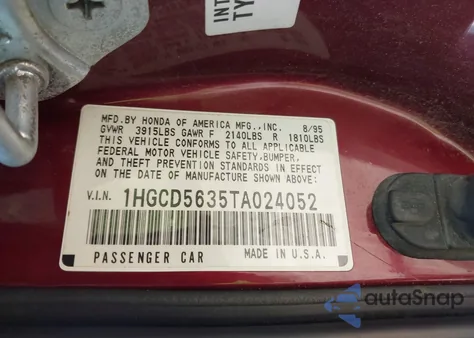 1996 Honda Accord Lx/Ex z USA, uszkodzony, nr VIN 1HGCD5635TA024052